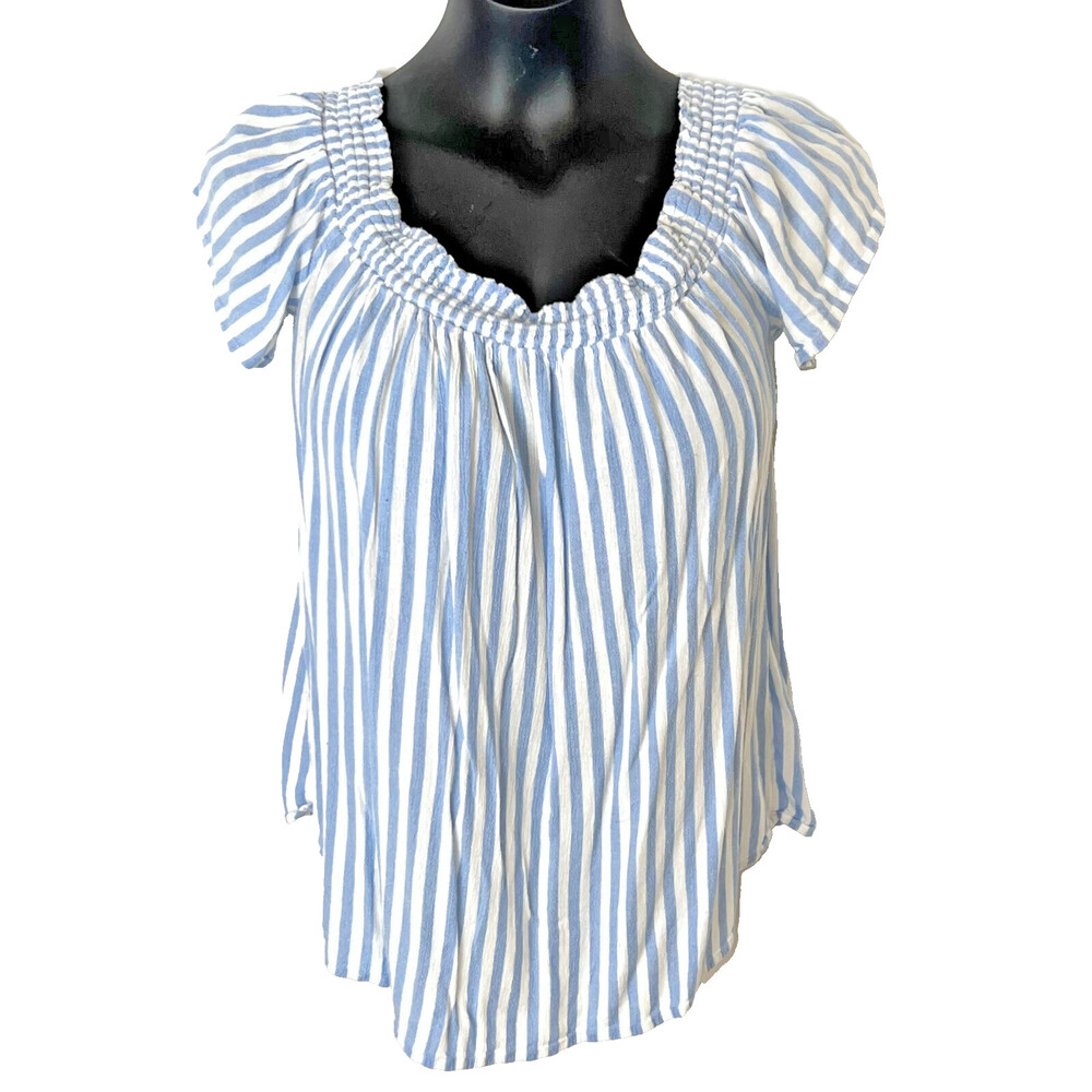 Old Navy - Women's L Blouse Baby Blue & White Flared Hem Cap Sleeve Gathered